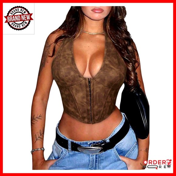 Tops - PU Leather Halter Corset Top Vintage Cropped Sleeveless Party Club Wear